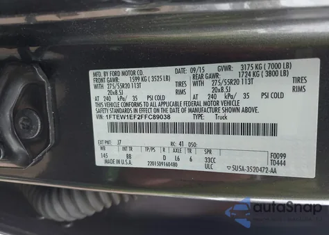 2015 Ford F-150 Platinum from USA, damaged, VIN 1FTEW1EF2FFC89038